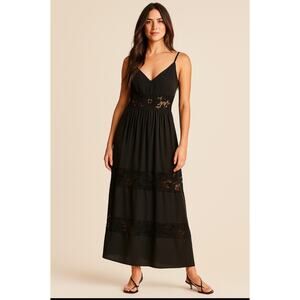 GUESS Dress Women's Maxi Black Lace inset Boho, Romantic Spaghetti Strap Med